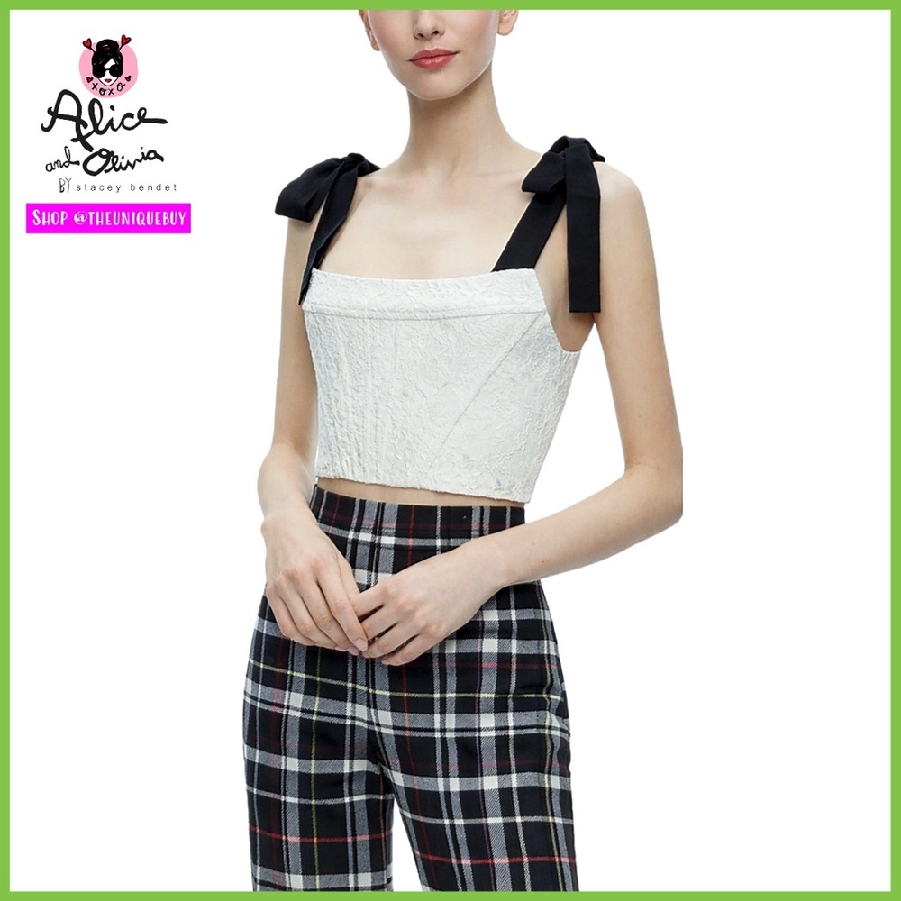 Alice + Olivia Clara Black White Lace Bow Strap Bustier Crop Top